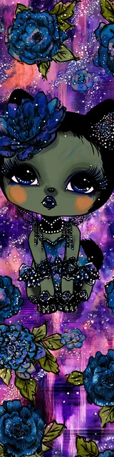 Free kawaii cats bookmark featuring a purple and blue floral cat with a blue flower ribbon